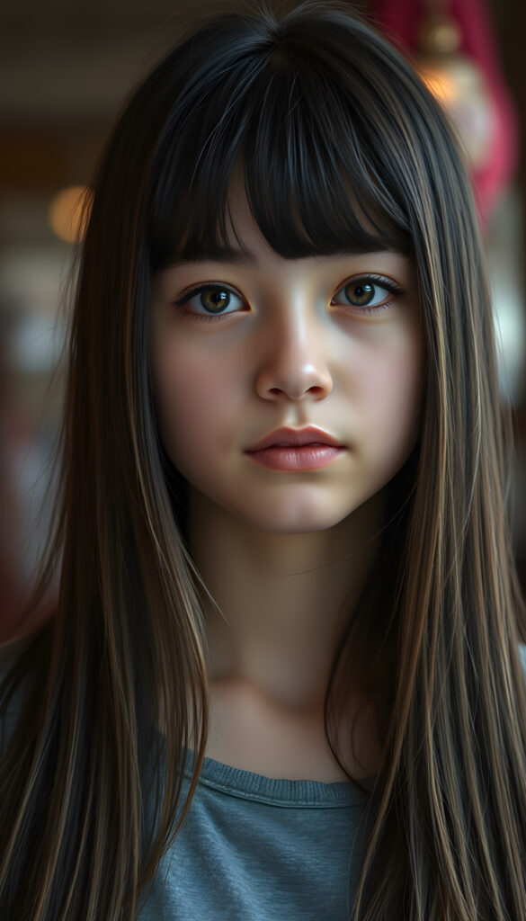 photo realistic portrait from a young teen girl, long, straight black hair with blonde streaks falls down to her upper body, bangs frame her round head, cute full lips, amber eyes, flawless skin