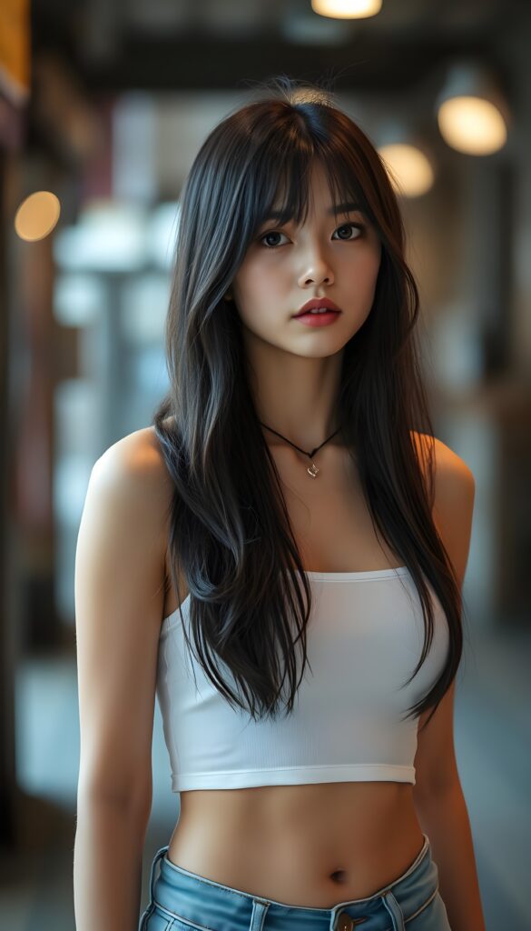 photo realistic portrait from a stunningly elegant and cute Asian Korean girl with long slightly wavy, straight dark hair and bangs, with a (realistically detailed angelic round face) and (realistically detailed hazelnut eyes) looking pensively at the camera, wearing a (super tight cropped white plain and empty tank top and a blue short jeans pants). She shows her belly button, red kissable lips.
