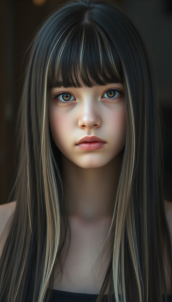 photo realistic portrait from a young teen girl, long, straight black hair with blonde streaks falls down to her upper body, bangs frame her round head, cute full lips, amber eyes, flawless skin