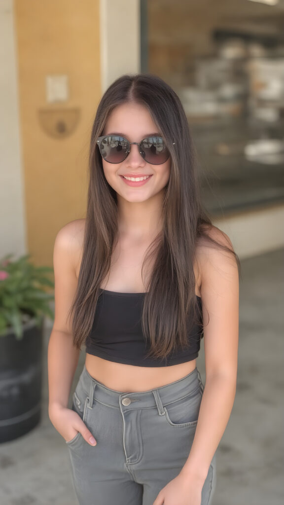 A (((realistically captured moment))) where a (((cheerful and happy teen girl))) with long, ((straight black hair)) and (((light grey eyes))), is elegantly posed in a (((full-body view))), showcasing her upper body and perfectly proportioned thighs and soft, plump lips, dressed in a (((black cropped tank top))), (((grey denim jeans))), and (((black sunglasses))), standing confidently with a warm smile directed at the viewer