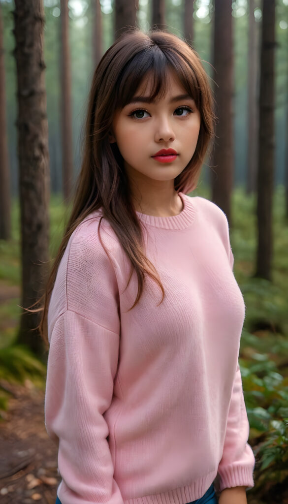 ((portrait)) a young cute busty tanned teen girl with long, straight and shiny jet brown hair, bangs frame her face, ((full plump red lips)), wears a ((form-fitting pink sweater made of fine wool)), looks seductively at the viewer. In the background a misty, gloomy forest with faint moonlight, she has a perfect fit curved body, ((side view))