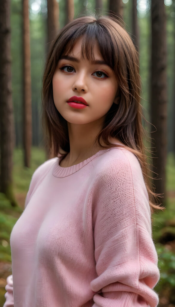((portrait)) a young cute busty tanned teen girl with long, straight and shiny jet brown hair, bangs frame her face, ((full plump red lips)), wears a ((form-fitting pink sweater made of fine wool)), looks seductively at the viewer. In the background a misty, gloomy forest with faint moonlight, she has a perfect fit curved body, ((side view))