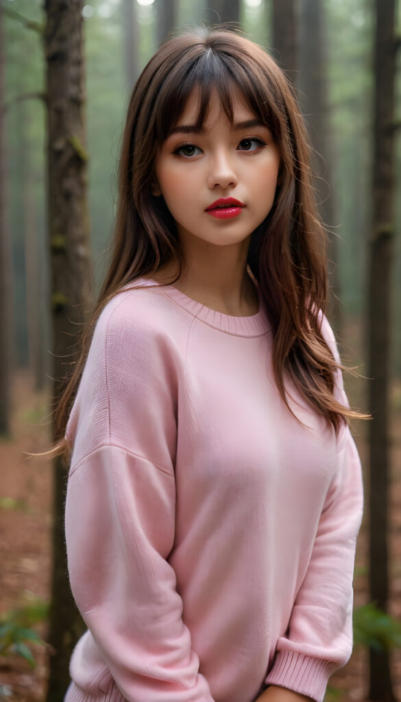 ((portrait)) a young cute busty tanned teen girl with long, straight and shiny jet brown hair, bangs frame her face, ((full plump red lips)), wears a ((form-fitting pink sweater made of fine wool)), looks seductively at the viewer. In the background a misty, gloomy forest with faint moonlight, she has a perfect fit curved body, ((side view))