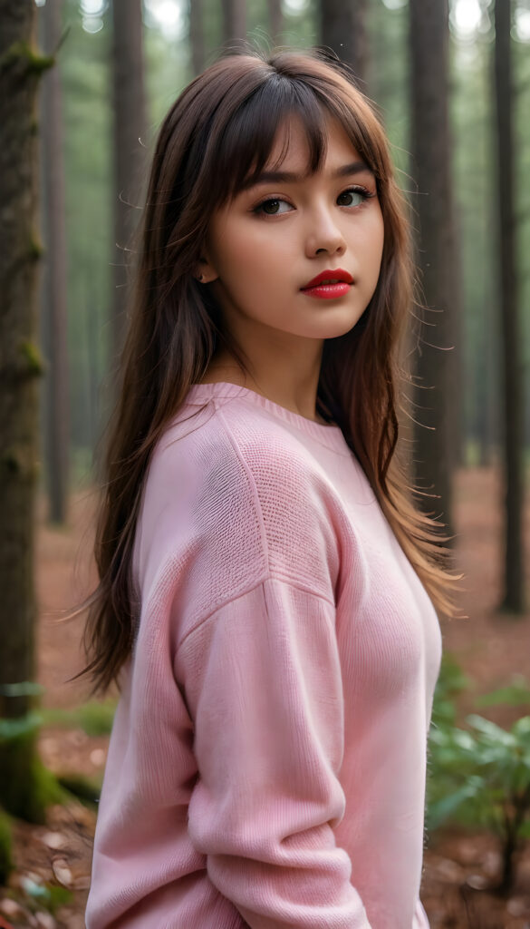 ((portrait)) a young cute busty tanned teen girl with long, straight and shiny jet brown hair, bangs frame her face, ((full plump red lips)), wears a ((form-fitting pink sweater made of fine wool)), looks seductively at the viewer. In the background a misty, gloomy forest with faint moonlight, she has a perfect fit curved body, ((side view))