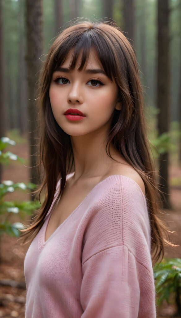((portrait)) a young cute busty tanned teen girl with long, straight and shiny jet brown hair, bangs frame her face, ((full plump red lips)), wears a ((form-fitting pink sweater made of fine wool)), looks seductively at the viewer. In the background a misty, gloomy forest with faint moonlight, she has a perfect fit curved body, ((side view))