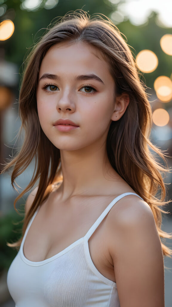 capture a (((young teen girl))) with (straight hair) and a (realistically detailed angelic round face) in a (side perspective portrait shot). Her figure exudes perfection, with a (((low cut tight top))), showcasing flawless anatomy