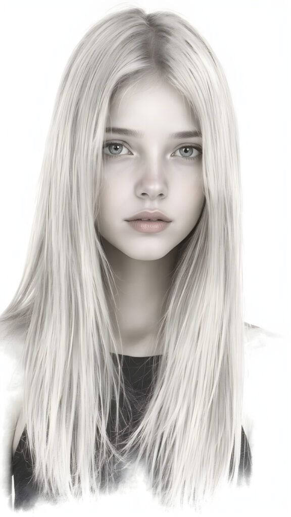 ((portrait)), detailed pencil drawing, silvery-skinned (((young girl))), long straight platinum hair, (((black thin and short dress)))