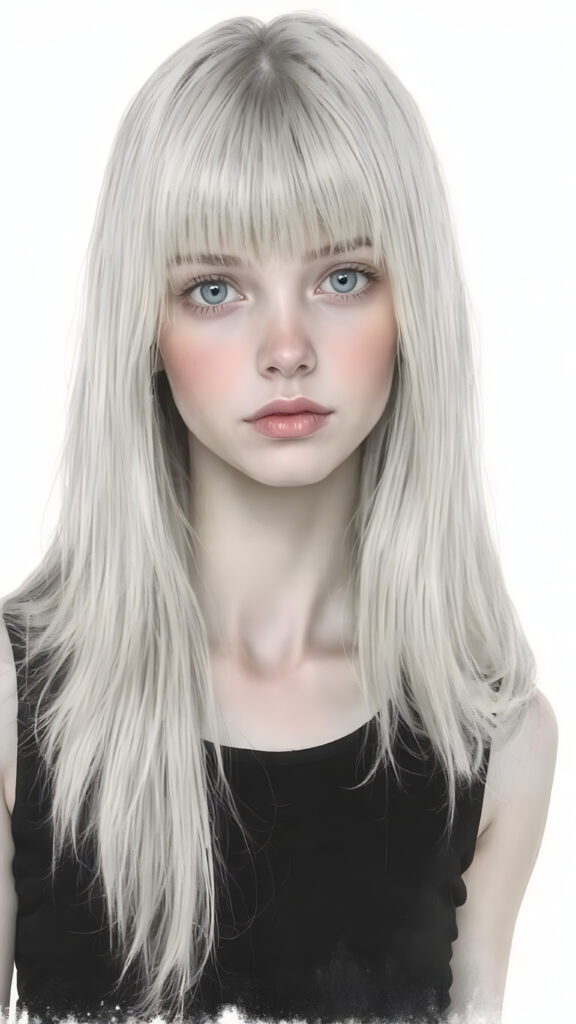 ((portrait)), detailed pencil drawing, silvery-skinned (((young girl))), long straight platinum hair, (((black thin and short dress)))