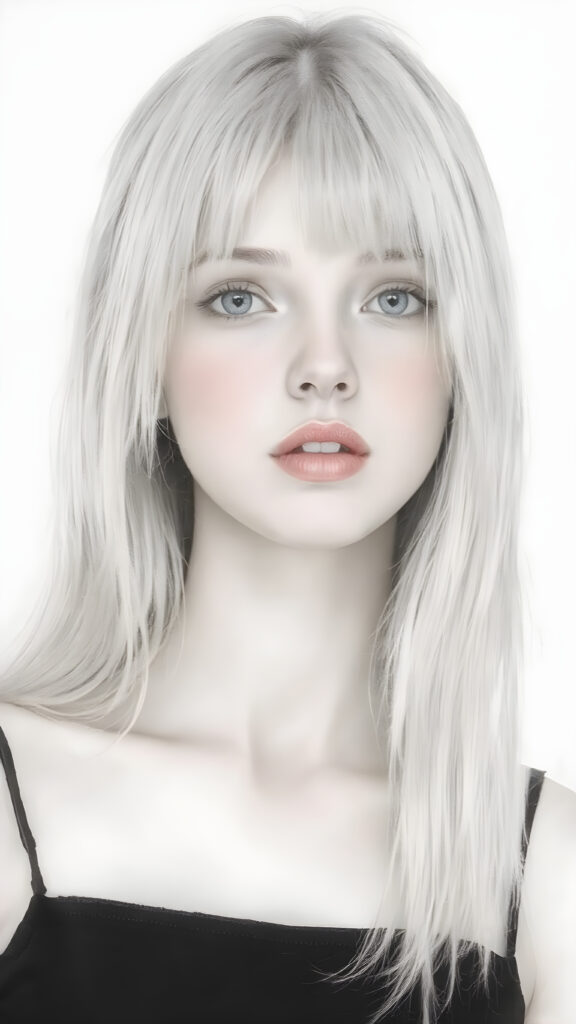 ((portrait)), detailed pencil drawing, silvery-skinned (((young girl))), long straight platinum hair, (((black thin and short dress)))
