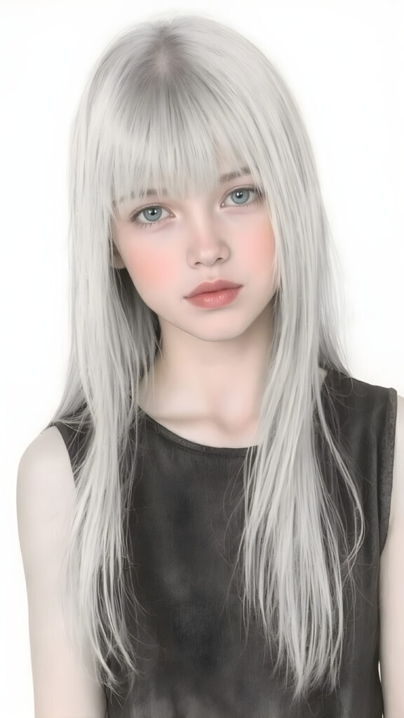((portrait)), detailed pencil drawing, silvery-skinned (((young girl))), long straight platinum hair, (((black thin and short dress)))