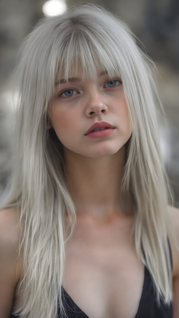 ((portrait)), detailed pencil drawing, silvery-skinned (((young girl))), long straight platinum hair, (((black thin and short dress)))