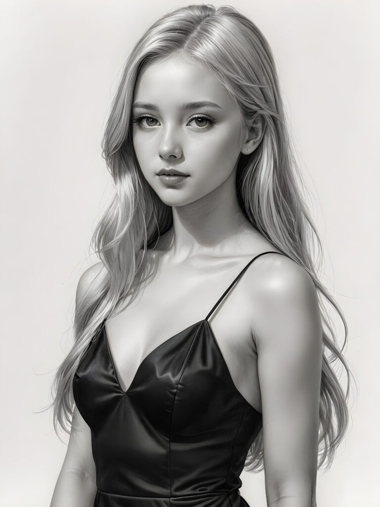 ((portrait)), detailed pencil drawing, silvery-skinned (((young girl))), long straight platinum hair, (((black thin and short dress)))