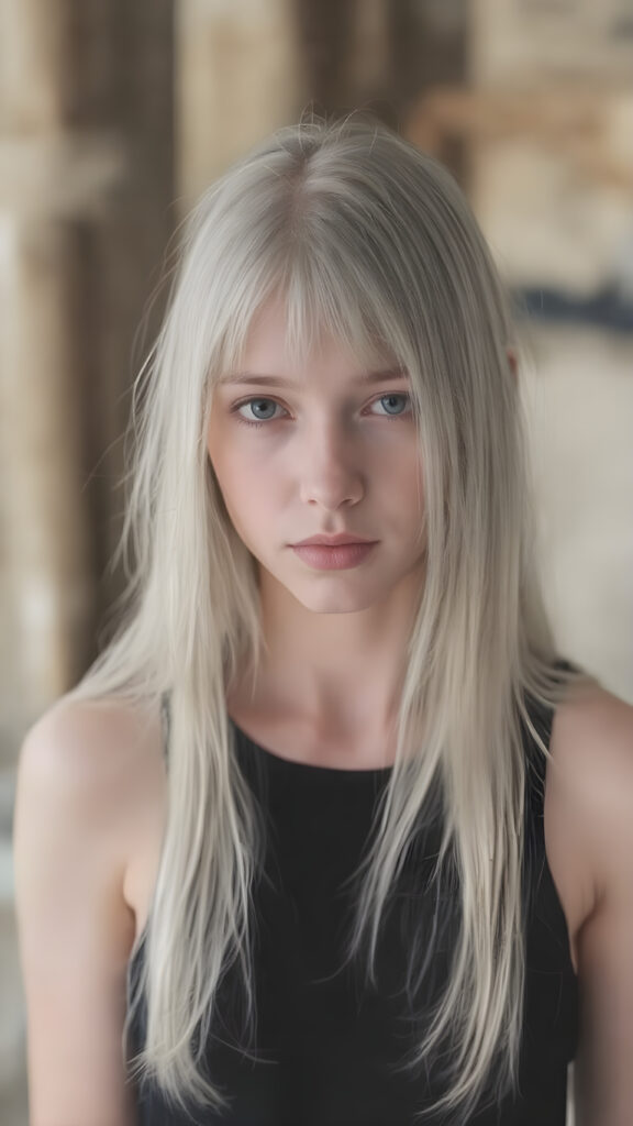 ((portrait)), detailed pencil drawing, silvery-skinned (((young girl))), long straight platinum hair, (((black thin and short dress)))