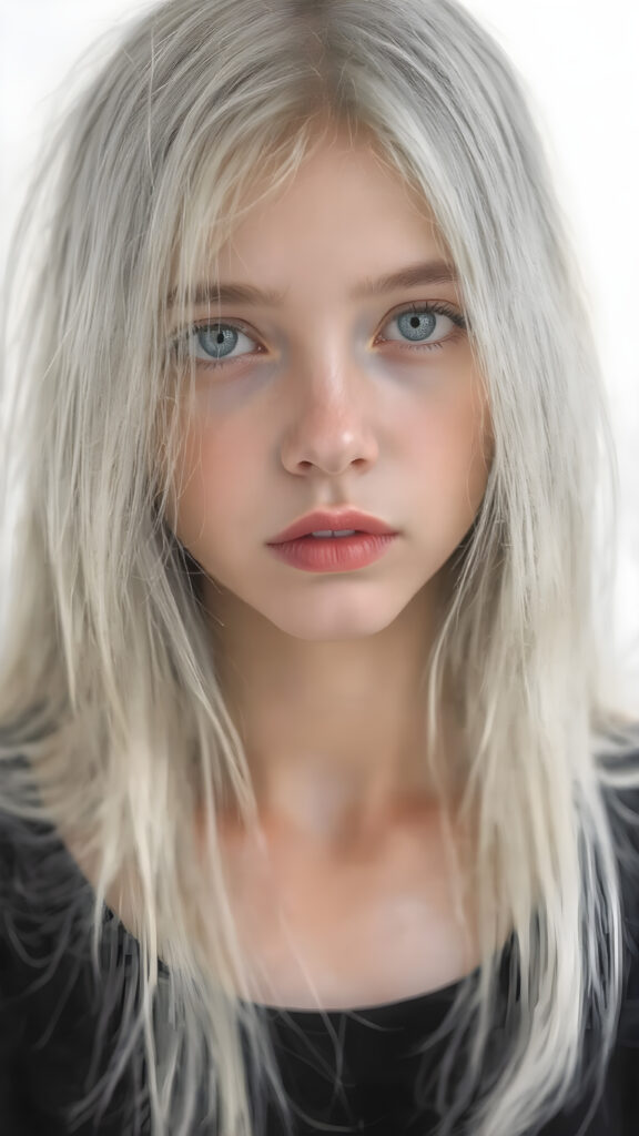 ((portrait)), detailed pencil drawing, silvery-skinned (((young girl))), long straight platinum hair, (((black thin and short dress)))
