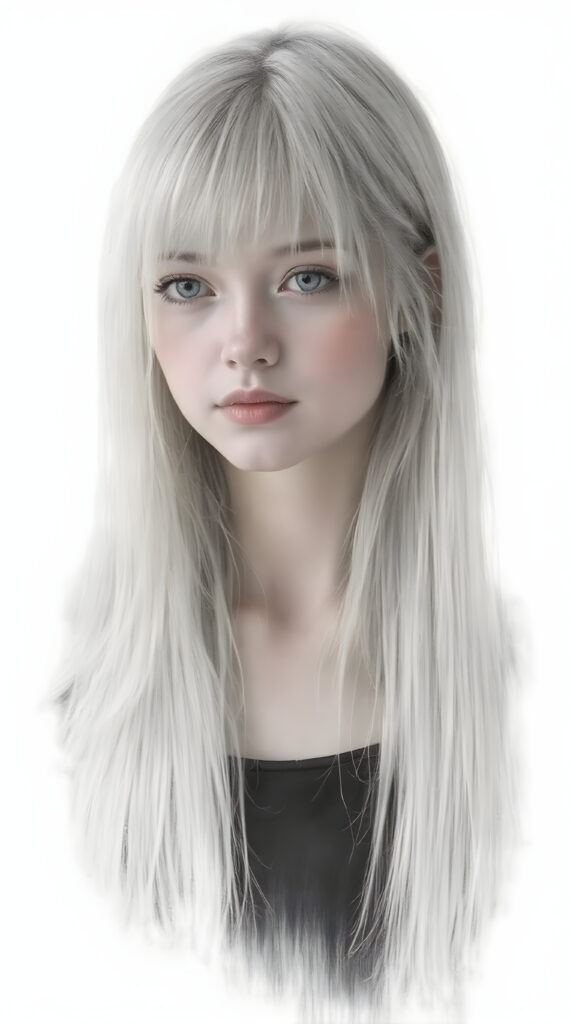 ((portrait)), detailed pencil drawing, silvery-skinned (((young girl))), long straight platinum hair, (((black thin and short dress)))
