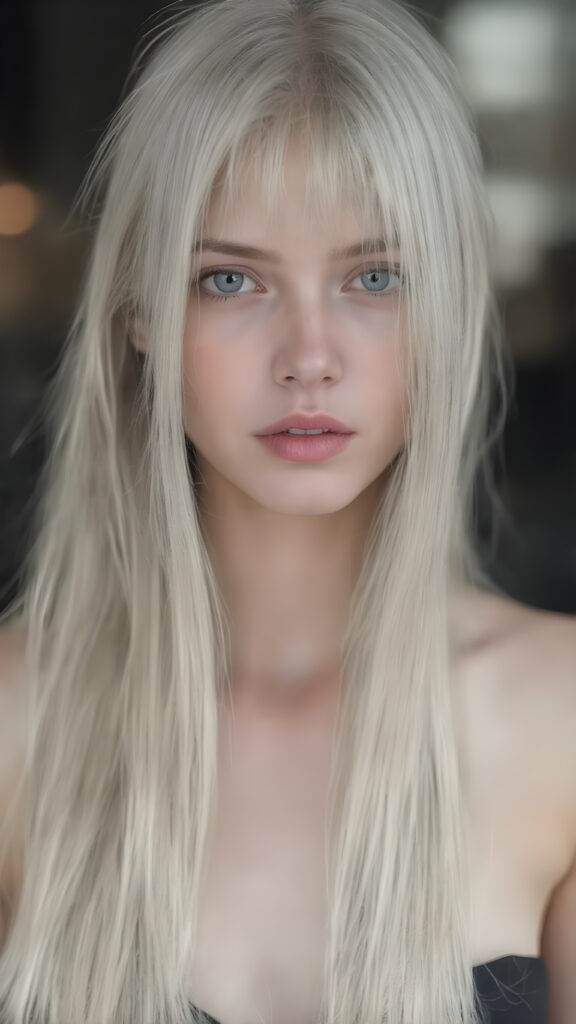 ((portrait)), detailed pencil drawing, silvery-skinned (((young girl))), long straight platinum hair, (((black thin and short dress)))