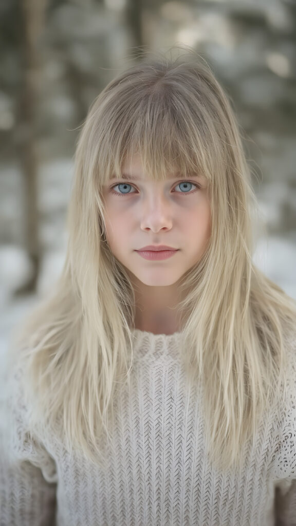 portrait from a silver skinned young girl with white soft long straight hair, bangs cut, white dressed in a fine wool sweater, in snow, forest