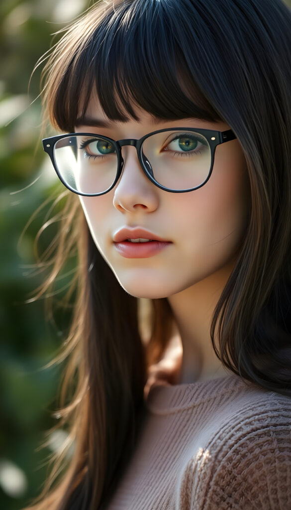 portrait from a stunningly beautiful young nerd girl, wearing a large, dark prescription glasses, age 18, with ((black long straight jet super soft hair (luminous)), flowing down to her waist, and (((bright amber eyes))), that match perfectly with her flawless complexion. She’s dressed in a tight ((wool sweater)), perfectly complemented by her (perfectly proportioned figure). Her look exudes seduction and playfulness, as she gazes directly at the viewer, all against a sunny green backdrop
