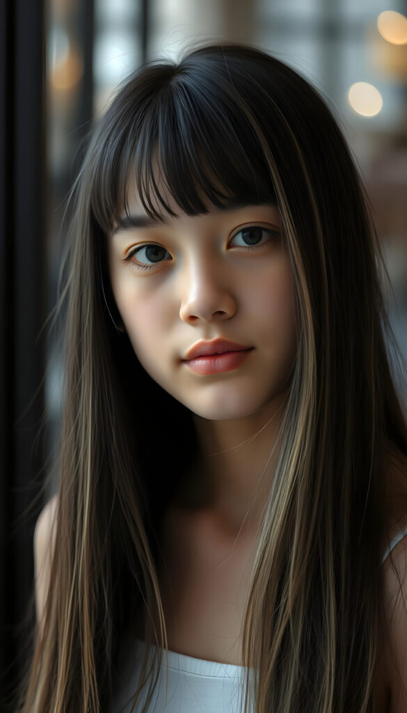 portrait from a young teen girl, long, straight black hair with blonde streaks falls down to her upper body, bangs frame her round head, cute full lips