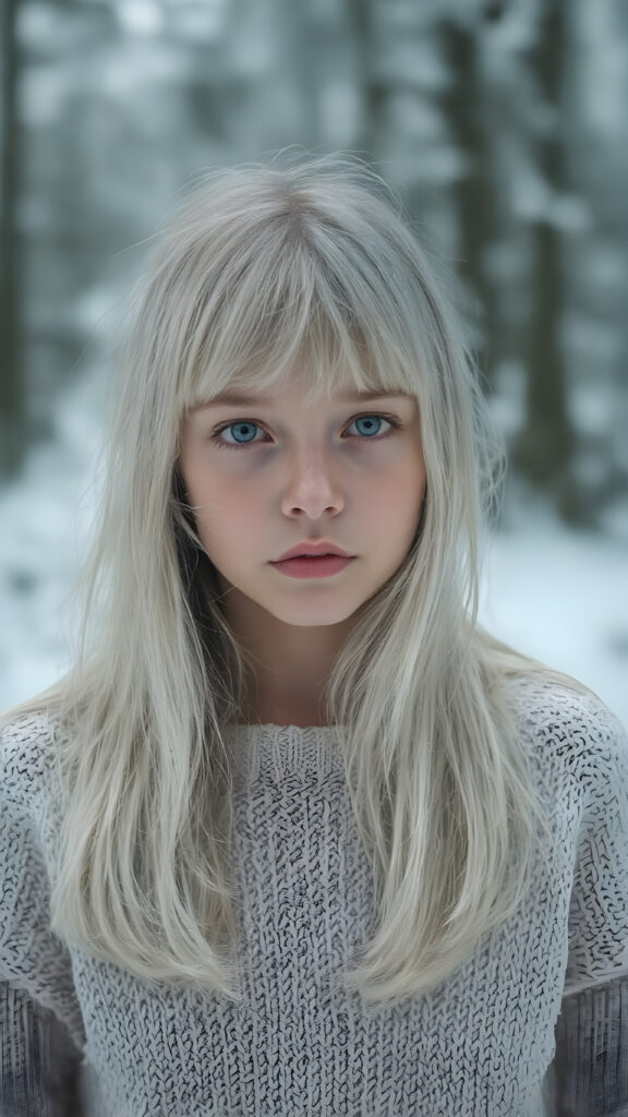 portrait from a silver skinned young girl with white soft long straight hair, bangs cut, white dressed in a fine wool sweater, in snow, forest