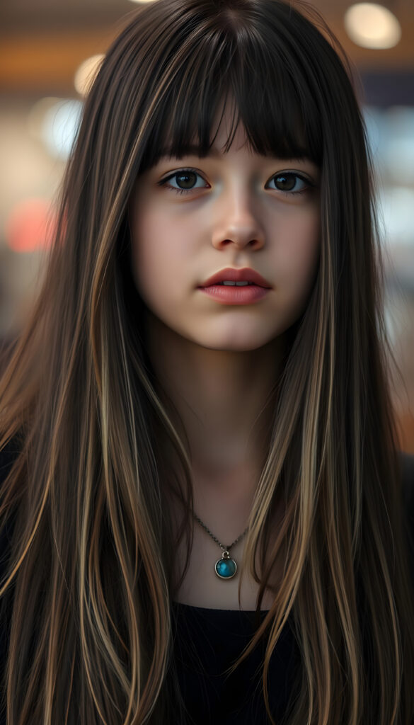portrait from a young teen girl, long, straight black hair with blonde streaks falls down to her upper body, bangs frame her round head, cute full lips
