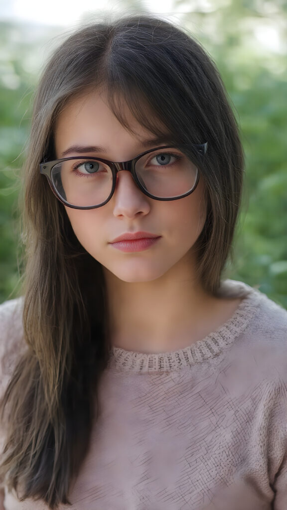 portrait from a stunningly beautiful young nerd girl, wearing a large, dark prescription glasses, age 15, with ((black long straight jet super soft hair (luminous)), flowing down to her waist, and (((bright amber eyes))), that match perfectly with her flawless complexion. She's dressed in a tight ((wool sweater)), perfectly complemented by her (perfectly proportioned figure). Her look exudes seduction and playfulness, as she gazes directly at the viewer, all against a sunny green backdrop