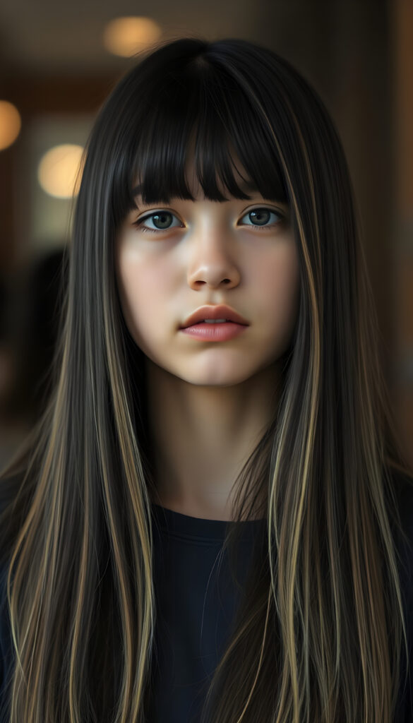 portrait from a young teen girl, long, straight black hair with blonde streaks falls down to her upper body, bangs frame her round head, cute full lips