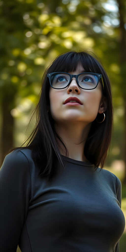 portrait from a stunningly beautiful young well busty nerd girl, flawless porcelain skin, wearing a large, dark prescription glasses, age 18, with ((black straight shoulder long jet super soft hair in bob cut and bangs frame her face (luminous)), flowing down, that match perfectly with her flawless complexion. She’s dressed in a plain tight ((super fine wool sweater)), perfectly complemented by her (perfectly proportioned female figure). She looks up, the mouth slightly open white teeth, all against a sunny green backdrop in a park.