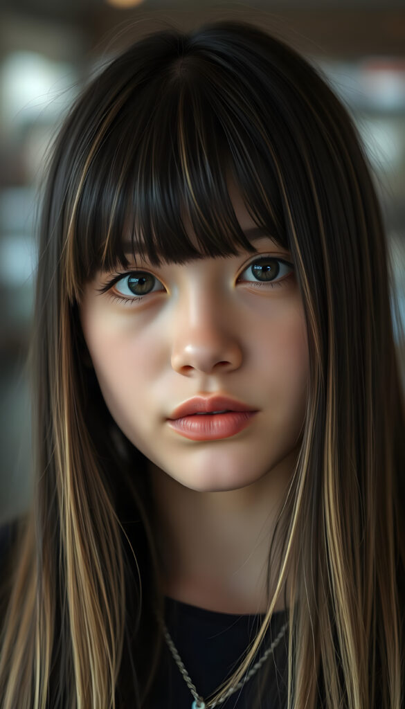 portrait from a young teen girl, long, straight black hair with blonde streaks falls down to her upper body, bangs frame her round head, cute full lips
