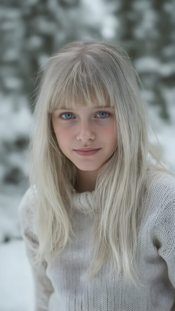 portrait from a silver skinned young girl with white soft long straight hair, bangs cut, white dressed in a fine wool sweater, in snow, forest