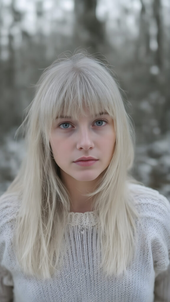 portrait from a silver skinned young girl with white soft long straight hair, bangs cut, white dressed in a fine wool sweater, in snow, forest