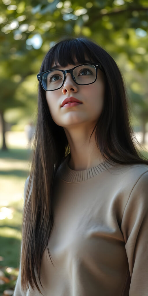 portrait from a stunningly beautiful young well busty nerd girl, flawless porcelain skin, wearing a large, dark prescription glasses, age 18, with ((black straight shoulder long jet super soft hair in bob cut and bangs frame her face (luminous)), flowing down, that match perfectly with her flawless complexion. She’s dressed in a plain tight ((super fine wool sweater)), perfectly complemented by her (perfectly proportioned female figure). She looks up, the mouth slightly open white teeth, all against a sunny green backdrop in a park.