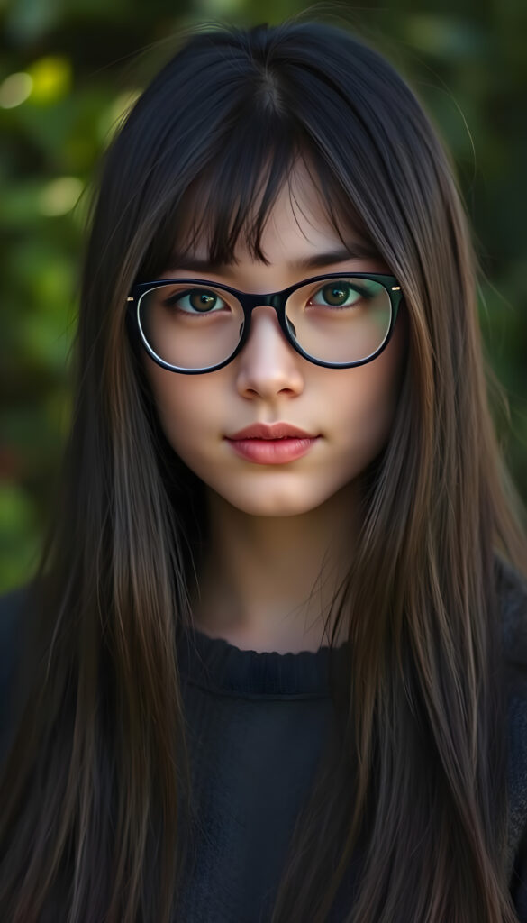 portrait from a stunningly beautiful young nerd girl, wearing a large, dark prescription glasses, age 18, with ((black long straight jet super soft hair (luminous)), flowing down to her waist, and (((bright amber eyes))), that match perfectly with her flawless complexion. She’s dressed in a tight ((wool sweater)), perfectly complemented by her (perfectly proportioned figure). Her look exudes seduction and playfulness, as she gazes directly at the viewer, all against a sunny green backdrop