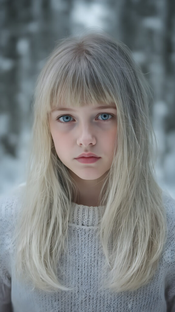 portrait from a silver skinned young girl with white soft long straight hair, bangs cut, white dressed in a fine wool sweater, in snow, forest