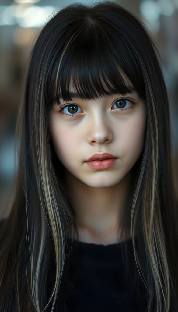 portrait from a young teen girl, long, straight black hair with blonde streaks falls down to her upper body, bangs frame her round head, cute full lips