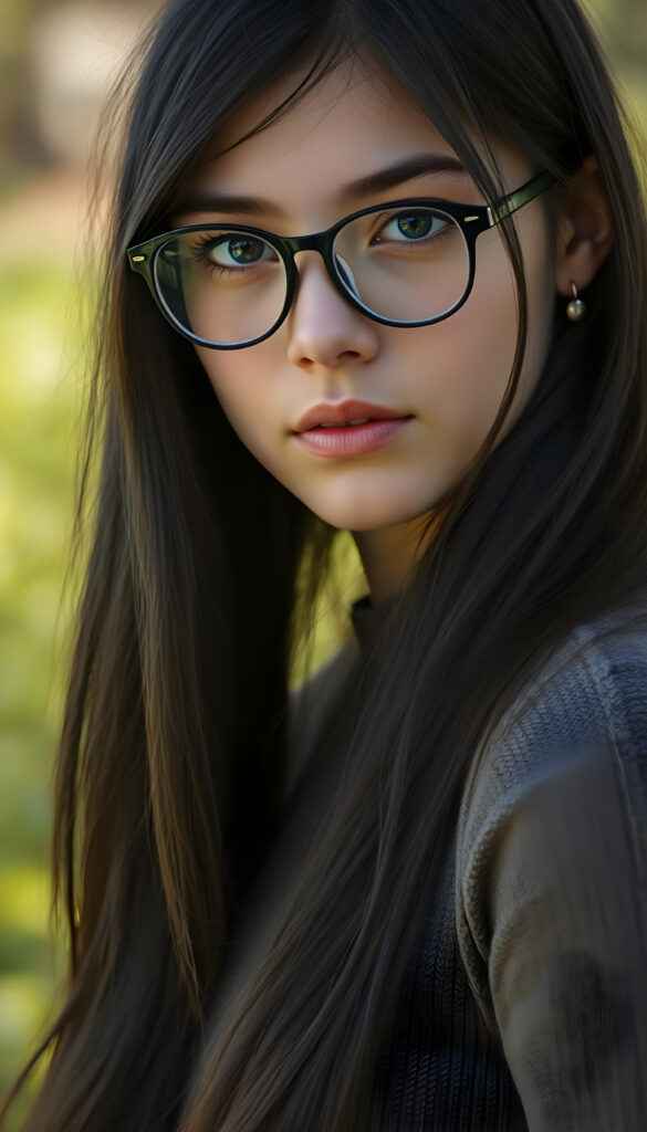 portrait from a stunningly beautiful young nerd girl, wearing a large, dark prescription glasses, age 18, with ((black long straight jet super soft hair (luminous)), flowing down to her waist, and (((bright amber eyes))), that match perfectly with her flawless complexion. She’s dressed in a tight ((wool sweater)), perfectly complemented by her (perfectly proportioned figure). Her look exudes seduction and playfulness, as she gazes directly at the viewer, all against a sunny green backdrop