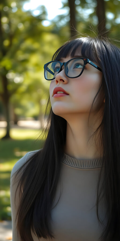 portrait from a stunningly beautiful young well busty nerd girl, flawless porcelain skin, wearing a large, dark prescription glasses, age 18, with ((black straight shoulder long jet super soft hair in bob cut and bangs frame her face (luminous)), flowing down, that match perfectly with her flawless complexion. She’s dressed in a plain tight ((super fine wool sweater)), perfectly complemented by her (perfectly proportioned female figure). She looks up, the mouth slightly open white teeth, all against a sunny green backdrop in a park.