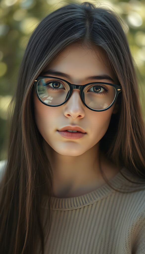 portrait from a stunningly beautiful young nerd girl, wearing a large, dark prescription glasses, age 18, with ((black long straight jet super soft hair (luminous)), flowing down to her waist, and (((bright amber eyes))), that match perfectly with her flawless complexion. She’s dressed in a tight ((wool sweater)), perfectly complemented by her (perfectly proportioned figure). Her look exudes seduction and playfulness, as she gazes directly at the viewer, all against a sunny green backdrop