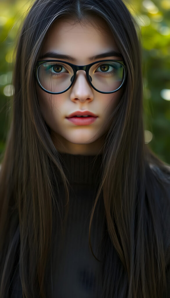 portrait from a stunningly beautiful young nerd girl, wearing a large, dark prescription glasses, age 18, with ((black long straight jet super soft hair (luminous)), flowing down to her waist, and (((bright amber eyes))), that match perfectly with her flawless complexion. She’s dressed in a tight ((wool sweater)), perfectly complemented by her (perfectly proportioned figure). Her look exudes seduction and playfulness, as she gazes directly at the viewer, all against a sunny green backdrop