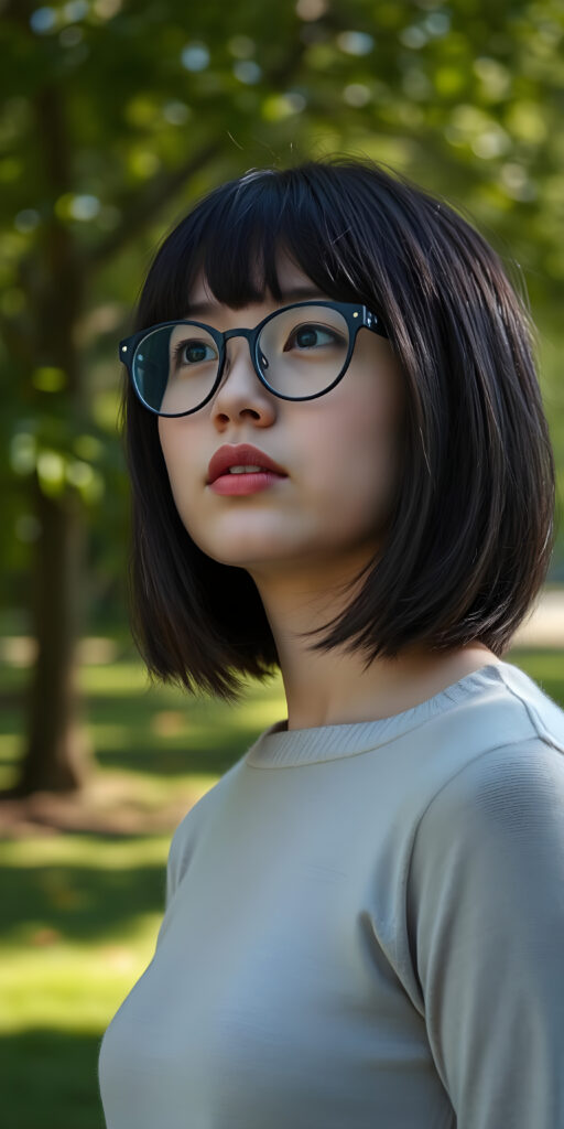 portrait from a stunningly beautiful young well busty nerd girl, flawless porcelain skin, wearing a large, dark prescription glasses, age 18, with ((black straight shoulder long jet super soft hair in bob cut and bangs frame her face (luminous)), flowing down, that match perfectly with her flawless complexion. She’s dressed in a plain tight ((super fine wool sweater)), perfectly complemented by her (perfectly proportioned female figure). She looks up, the mouth slightly open white teeth, all against a sunny green backdrop in a park.