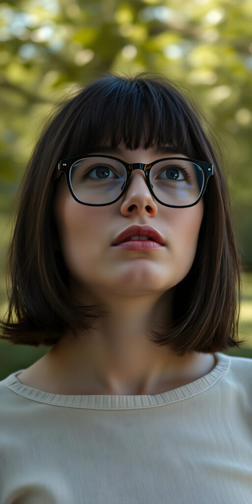 portrait from a stunningly beautiful young well busty nerd girl, flawless porcelain skin, wearing a large, dark prescription glasses, age 18, with ((black straight shoulder long jet super soft hair in bob cut and bangs frame her face (luminous)), flowing down, that match perfectly with her flawless complexion. She’s dressed in a plain tight ((super fine wool sweater)), perfectly complemented by her (perfectly proportioned female figure). She looks up, the mouth slightly open white teeth, all against a sunny green backdrop in a park.
