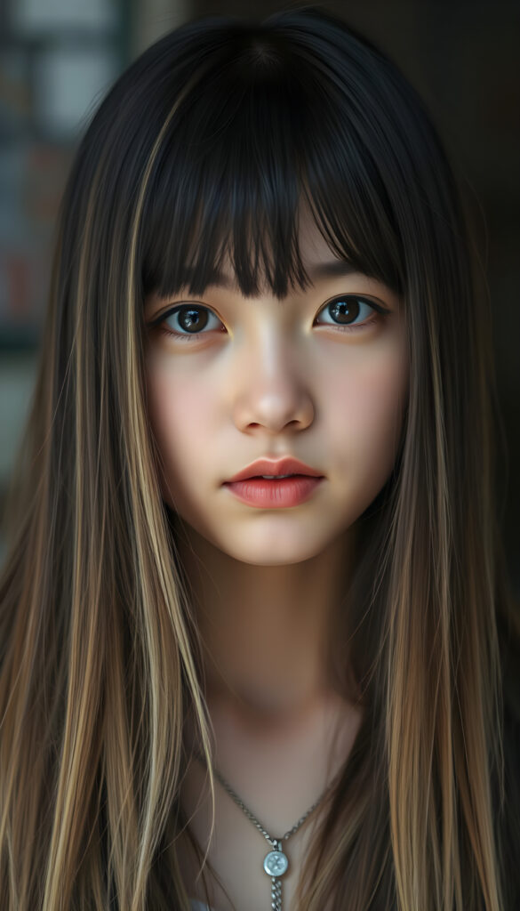 portrait from a young teen girl, long, straight black hair with blonde streaks falls down to her upper body, bangs frame her round head, cute full lips
