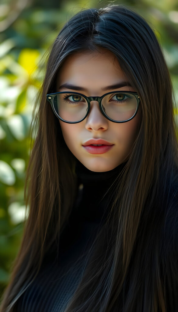 portrait from a stunningly beautiful young nerd girl, wearing a large, dark prescription glasses, age 18, with ((black long straight jet super soft hair (luminous)), flowing down to her waist, and (((bright amber eyes))), that match perfectly with her flawless complexion. She’s dressed in a tight ((wool sweater)), perfectly complemented by her (perfectly proportioned figure). Her look exudes seduction and playfulness, as she gazes directly at the viewer, all against a sunny green backdrop