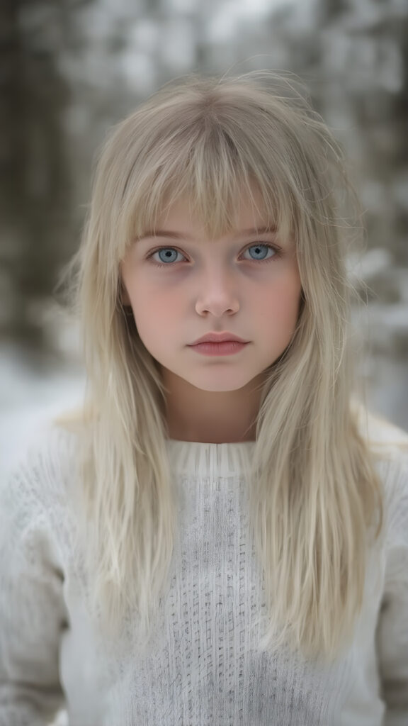 portrait from a silver skinned young girl with white soft long straight hair, bangs cut, white dressed in a fine wool sweater, in snow, forest