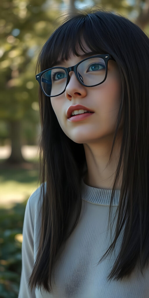 portrait from a stunningly beautiful young well busty nerd girl, flawless porcelain skin, wearing a large, dark prescription glasses, age 18, with ((black straight shoulder long jet super soft hair in bob cut and bangs frame her face (luminous)), flowing down, that match perfectly with her flawless complexion. She’s dressed in a plain tight ((super fine wool sweater)), perfectly complemented by her (perfectly proportioned female figure). She looks up, the mouth slightly open white teeth, all against a sunny green backdrop in a park.