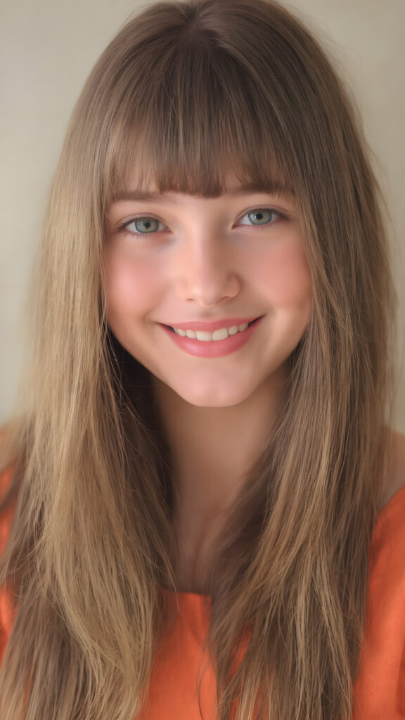 portrait, full body, warm tones, cute girl, stunning, gorgeous, she smile very happy and has long, straight brown soft hair, bangs, detailed realistic round face