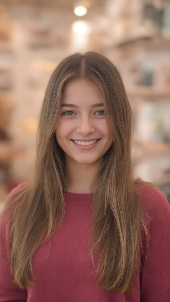 portrait, full body, warm tones, cute girl, stunning, gorgeous, she smile very happy and has long, straight soft hair