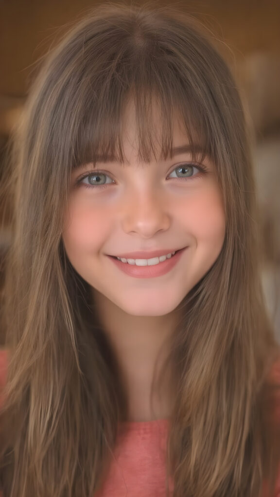 portrait, full body, warm tones, cute girl, stunning, gorgeous, she smile very happy and has long, straight brown soft hair, bangs, detailed realistic round face