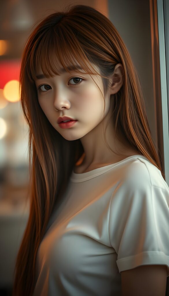 ((portrait)) of (((cute))) (((elegant))) ((attractive)) (((long, straight hair soft red hair with blond highlights))) ((stunning)) a beautifully realistic, cinematic lights, Asian teen girl, realistic detailed angelic round face, ((realistic detailed eye)) looks sadly at the camera, perfect curved body, (wears a super short tight (white t-shirt) made on thin silk), perfect anatomy, side perspective