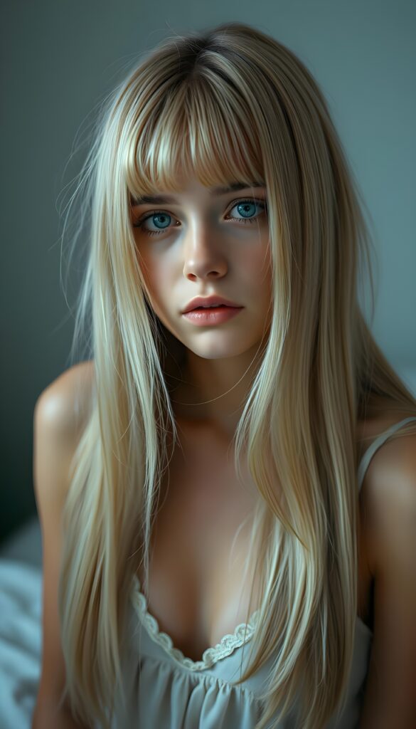 ((portrait)) of (((cute))) (((elegant))) ((attractive)) (((straight blond hair, same length left and right, falls down))) ((stunning)) a beautifully realistic, cinematic lights, ((teen girl)), 18 years old, getting ready for bed in a short, translucent low cut nightgown, bangs cut, realistic detailed angelic round face, looks tired at the camera, bohemian touch